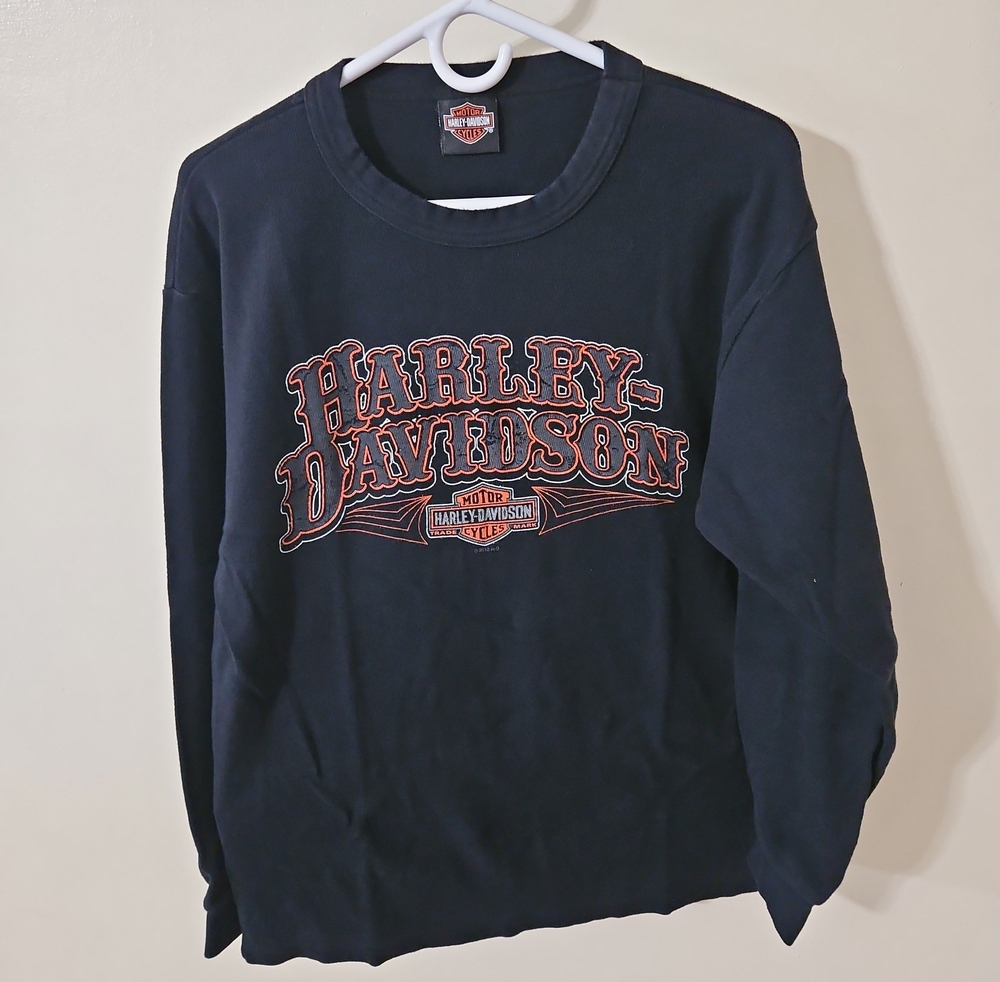 Harley-Davidson Men's Thermal Navy Crewneck with Orange Logo Accent